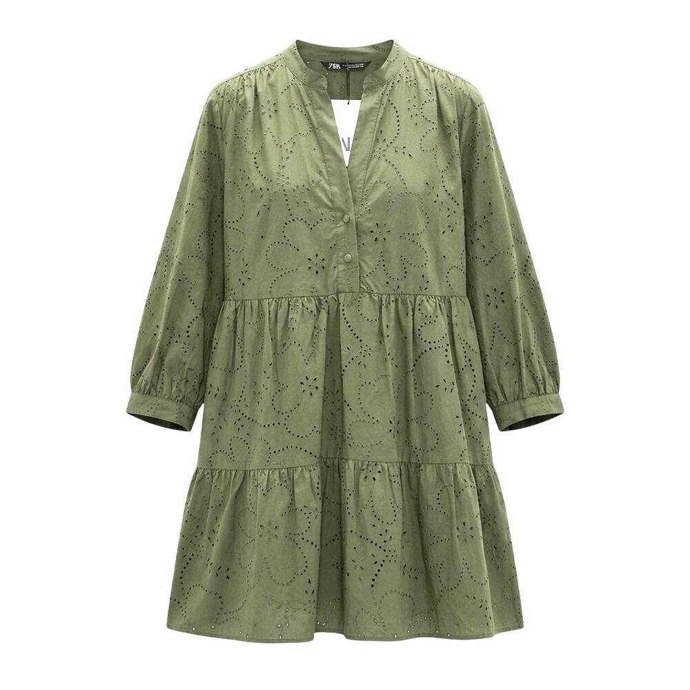 Zara Olive Green Eyelet Embroidery Tiered Mini Dress Women's XXL NWT Boho
